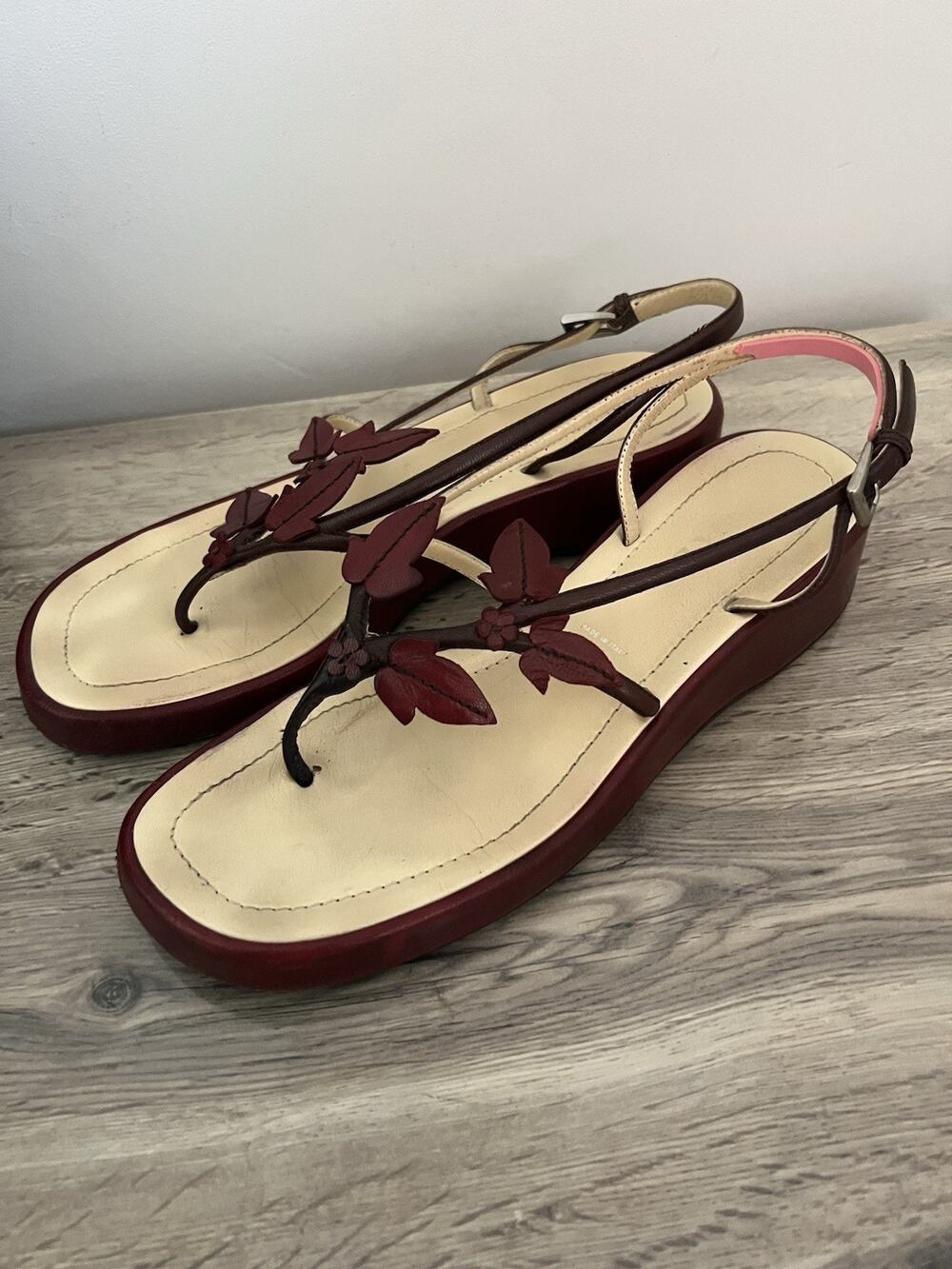 Prada Vintage S/S1997 Vine Leaf Burgundy Platform Sandals Y2K 39.5